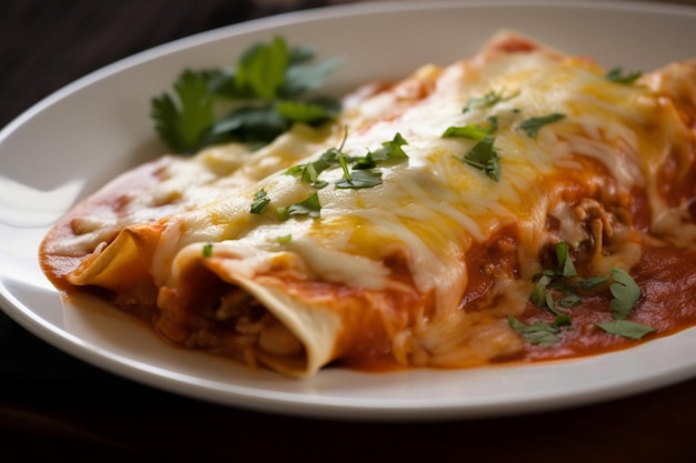 A plate of enchiladas with a slice of parsley on top