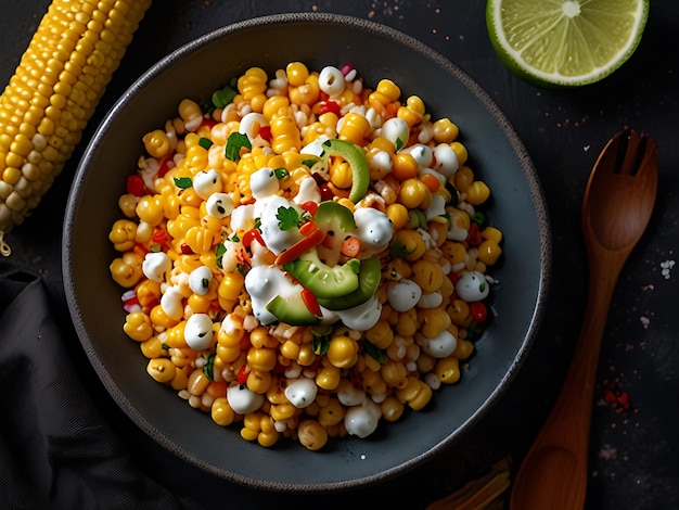 Plate of esquites mexican street corn salad with chili mayonnaise and lime on dark stone