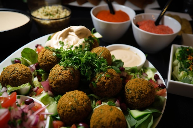 A plate of falafel with a side of sauces