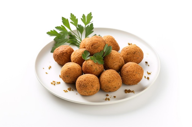 A plate of falafel with a sprig of parsley on top