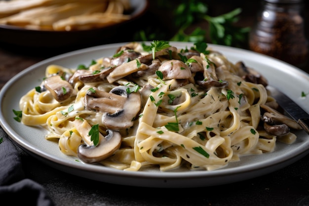 Plate of fettuccine with rich and creamy mushroom sauce created with generative ai