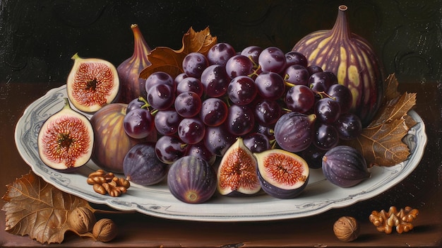 a plate of figs and a fig with a fruit on it