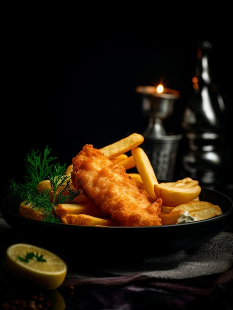 A plate of fish and chips with a lemon wedge on the side