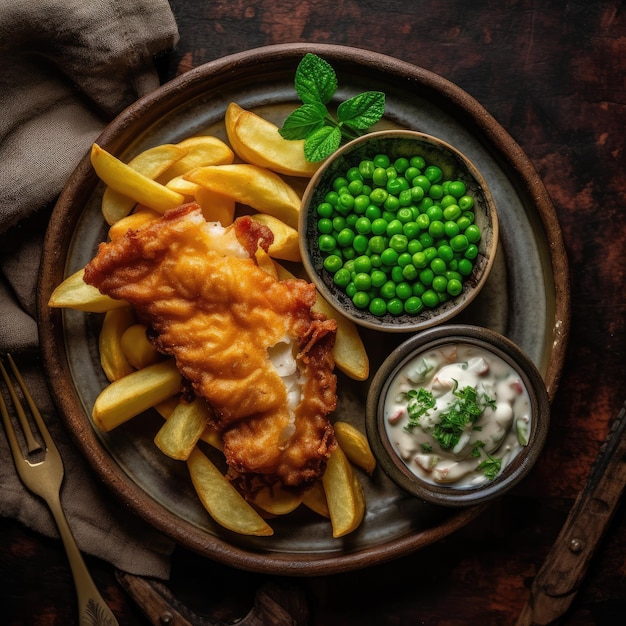 A plate of fish and chips with peas and a bowl of peas