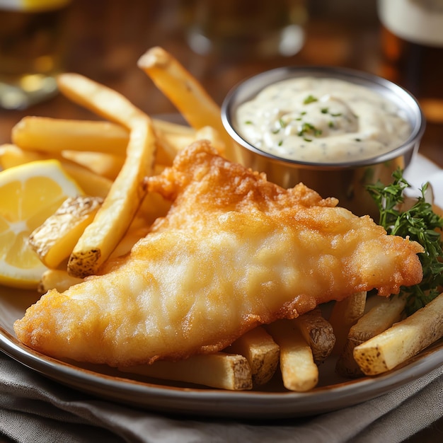 a plate of fish and chips with a side of dip and dip