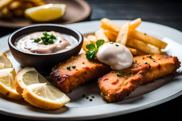 A plate of fish and chips with a side of lemon