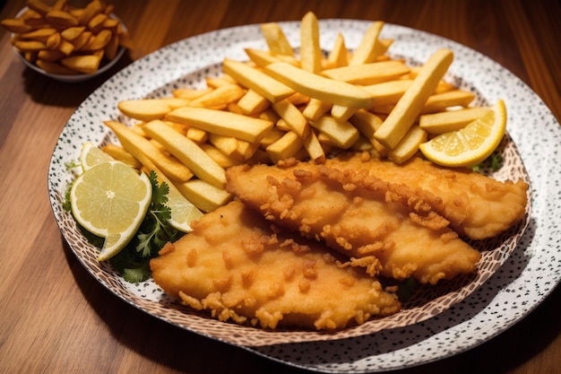 A plate of fish and chips with a side of lime on it