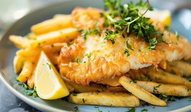 Plate of fish and fries with lemon wedges