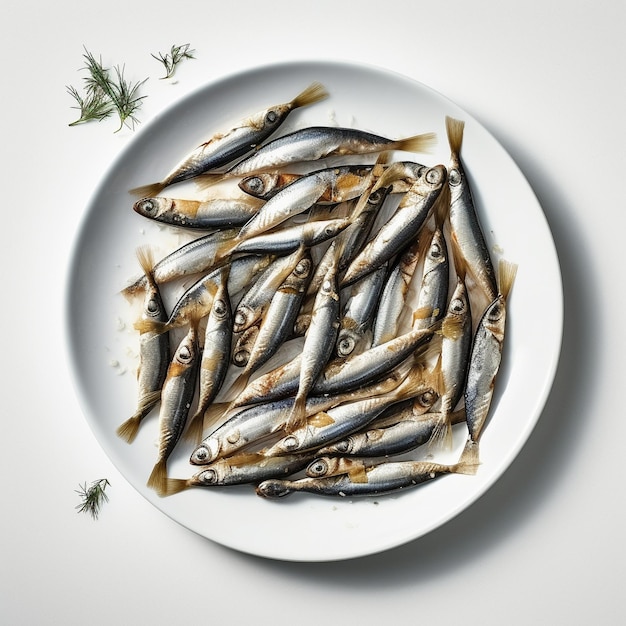 A plate of fish is on a table with a sprig of dill.