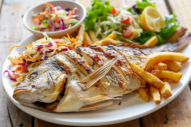 a plate of fish and salad