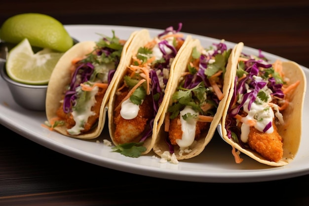 A plate of fish tacos with slaw and lime wedge Seafood Photos 1034jpg