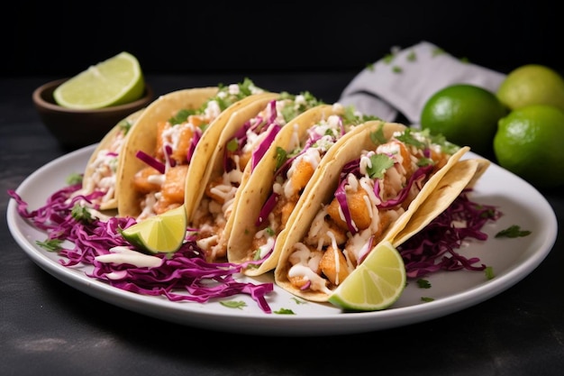 A plate of fish tacos with slaw and lime wedge Seafood Photos 1036jpg