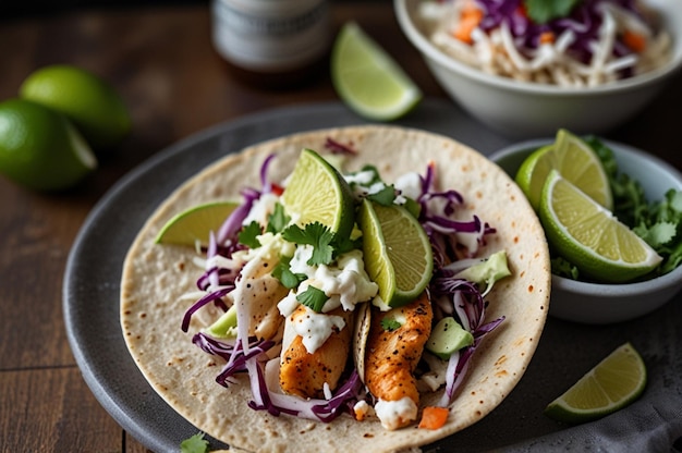 A plate of fish tacos with slaw and lime wedge seafood