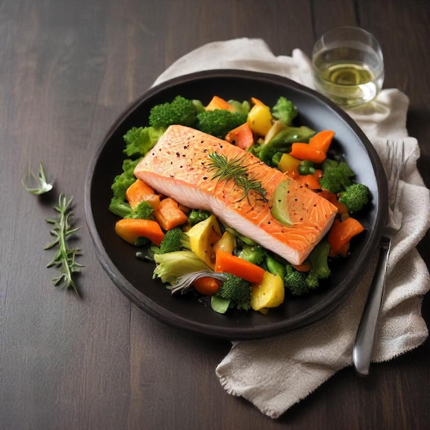 Photo a plate of fish vegetables and a glass of wine