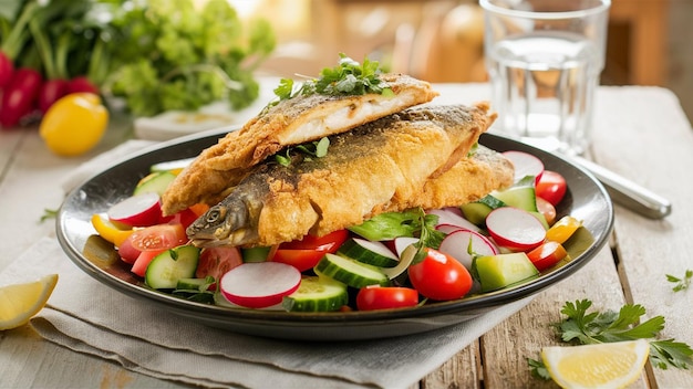 Photo a plate of fish and vegetables with a glass of water