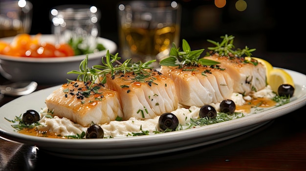 a plate of fish with a glass of beer in the background