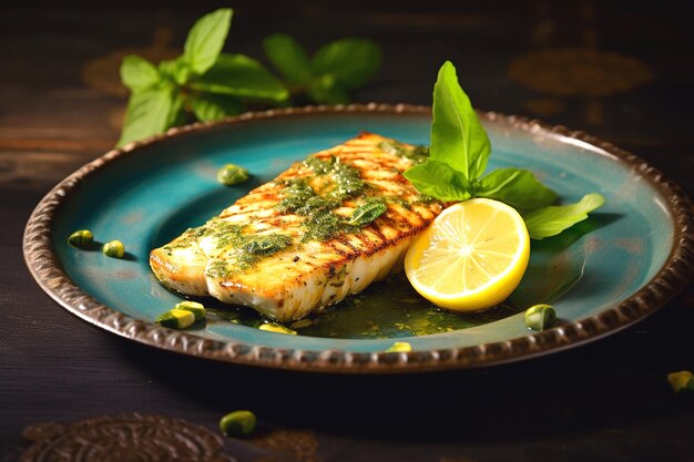 Photo a plate of fish with lemon and mint leaves