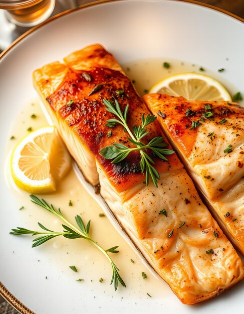 Photo a plate of fish with a lemon wedge on it