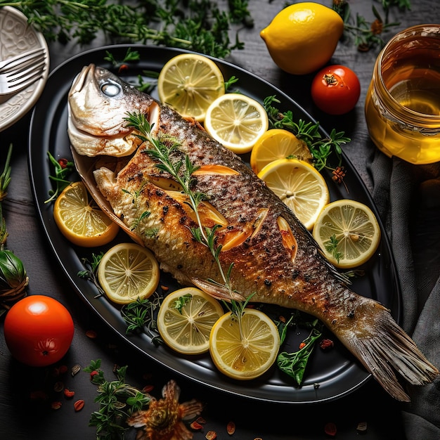 A plate of fish with lemons and herbs on it