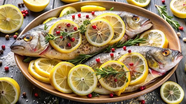 Photo a plate of fish with lemons and lemons on it