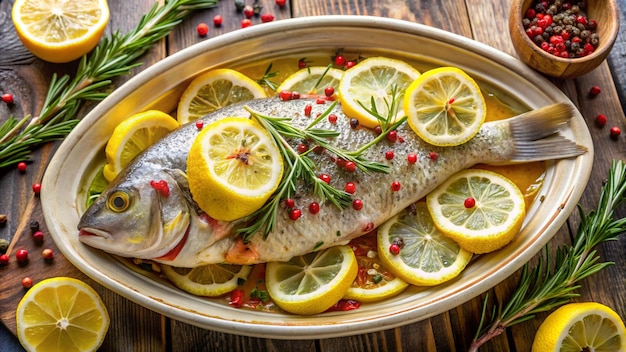 Photo a plate of fish with lemons and limes on it