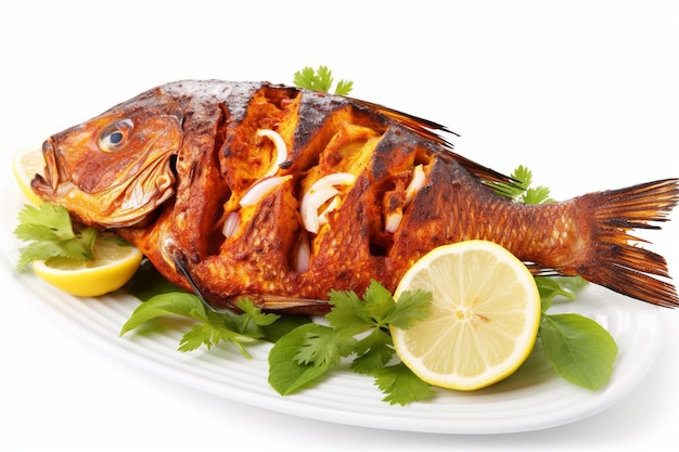 A plate of fish with lemons and parsley on the side