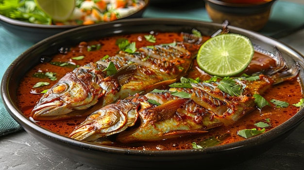 Photo a plate of fish with lime slices on top