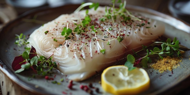 Photo a plate of fish with parsley and lemon slices