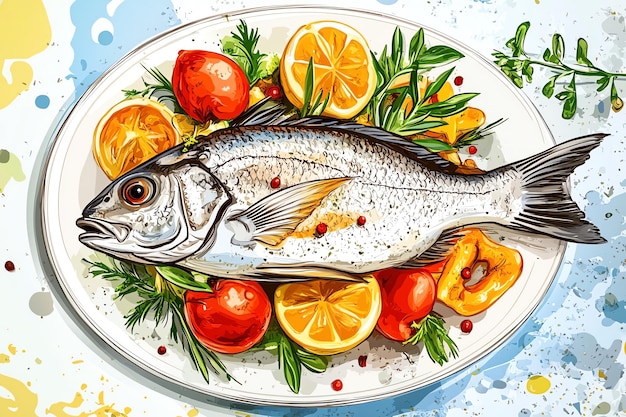 a plate of fish with a plate of fruit and vegetables