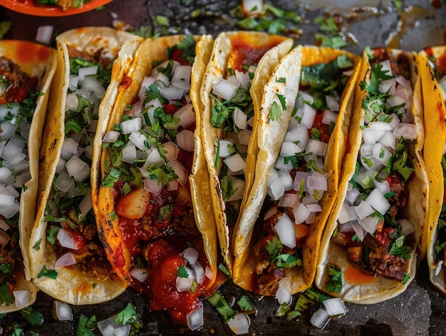 Plate of five tacos with onions and cilantro