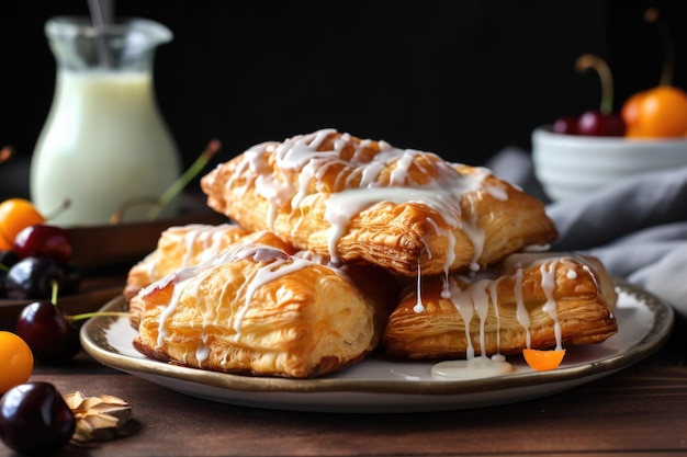 Plate of flaky puff pastries with fruit filling drizzle of glaze created with generative ai