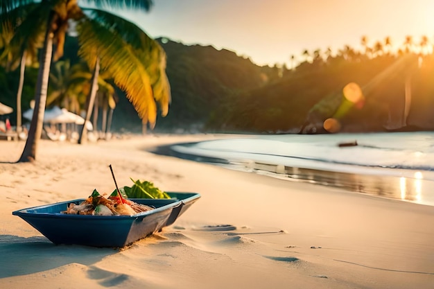 A plate of food on a beach with palm trees in the background