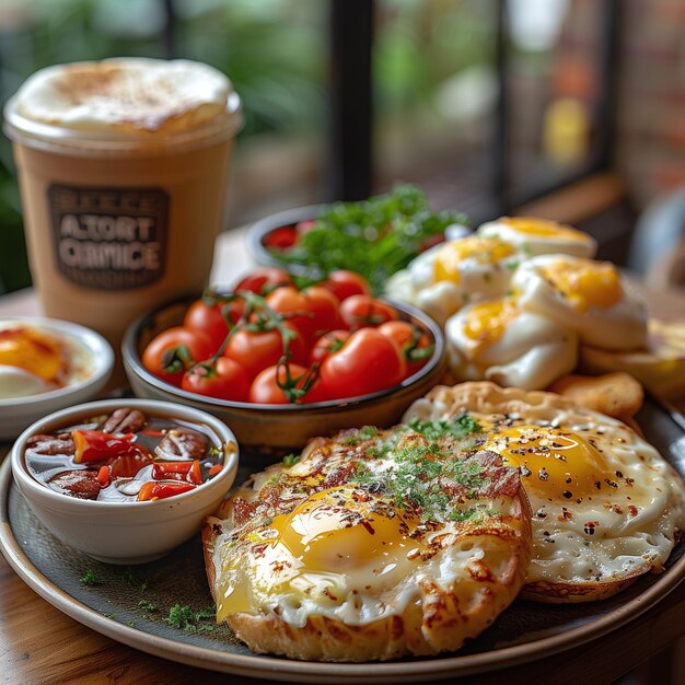 a plate of food and coffee