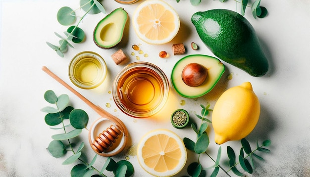 a plate of food including avocado lemons and avocado