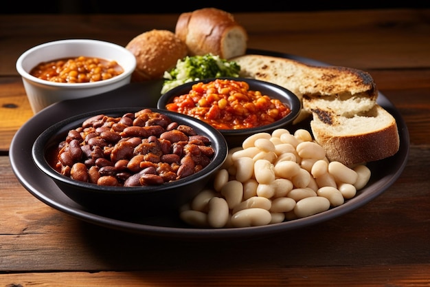 Photo a plate of food including beans bread and bread