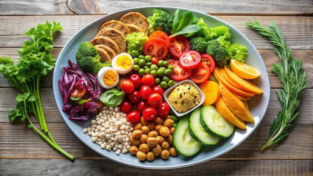 a plate of food including broccoli tomatoes cucumber and cucumber