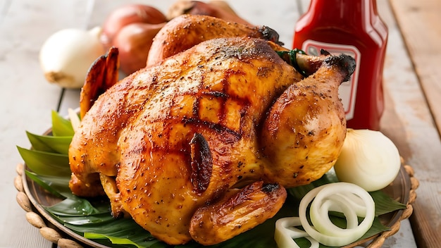 a plate of food including a chicken and onions