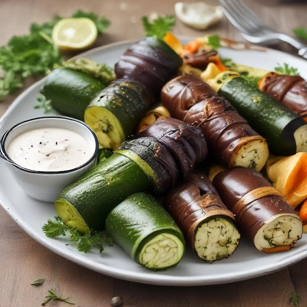 Photo a plate of food including cucumbers cucumbers and a side of a dip