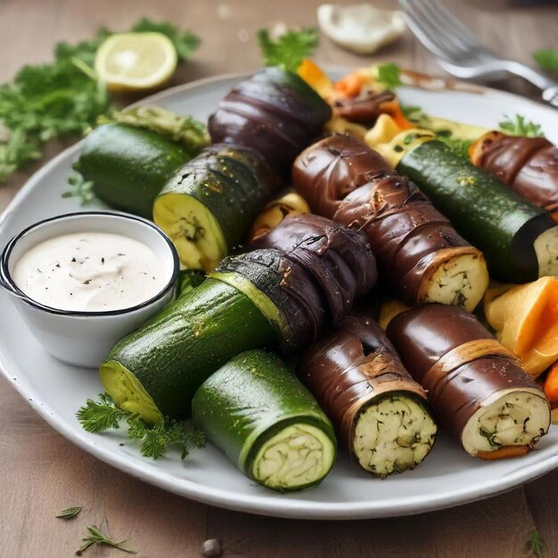 Photo a plate of food including cucumbers cucumbers and a side of a dip