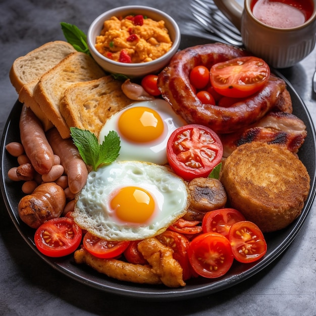 Photo a plate of food including eggs sausage sausage and sausage