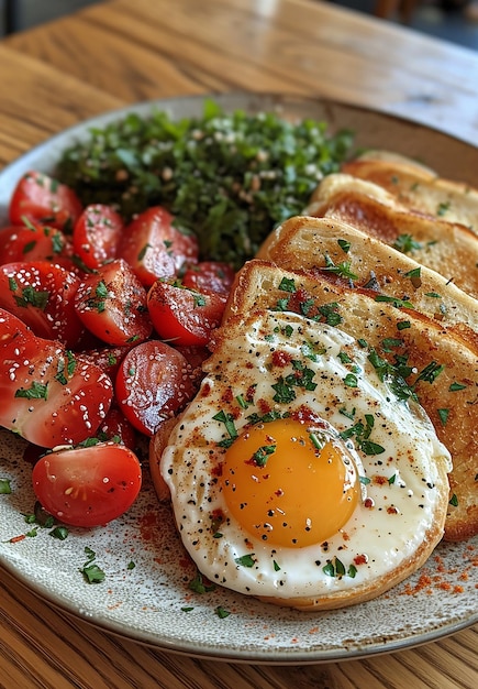 a plate of food including eggs strawberries and strawberries