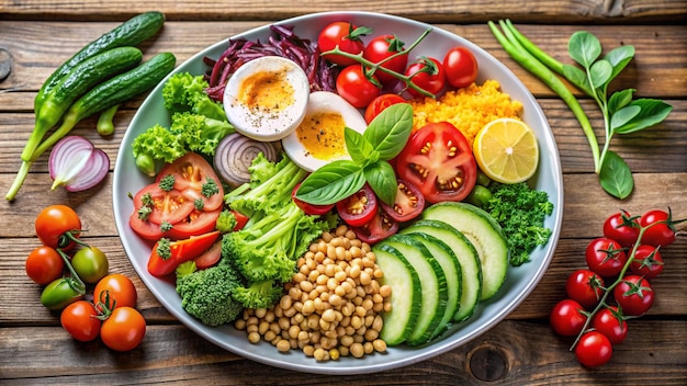 a plate of food including eggs vegetables and eggs