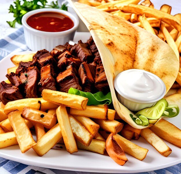 Photo a plate of food including french fries ketchup and ketchup