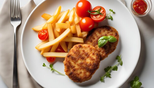 a plate of food including french fries a sausage and tomatoes