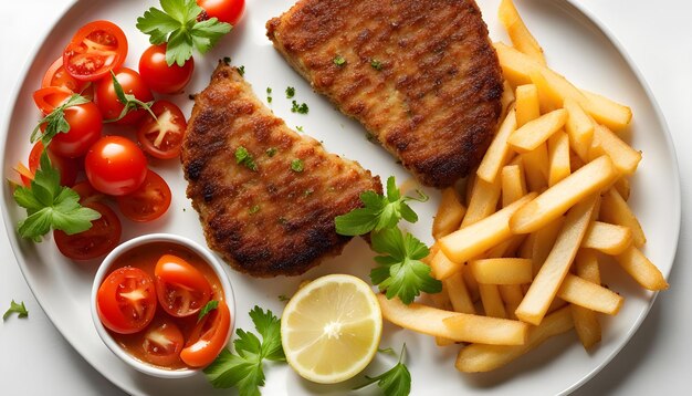 a plate of food including french fries tomatoes and tomatoes