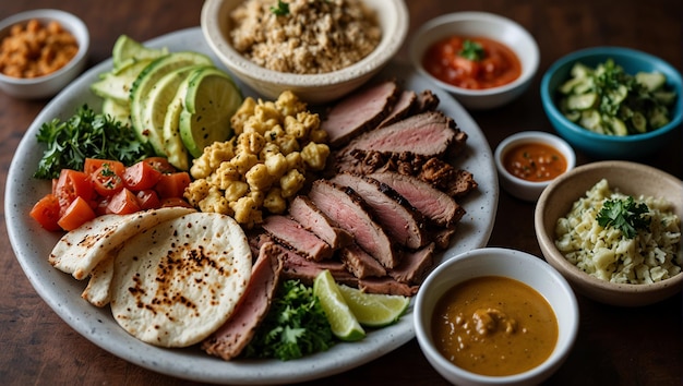 a plate of food including meat vegetables and sauces