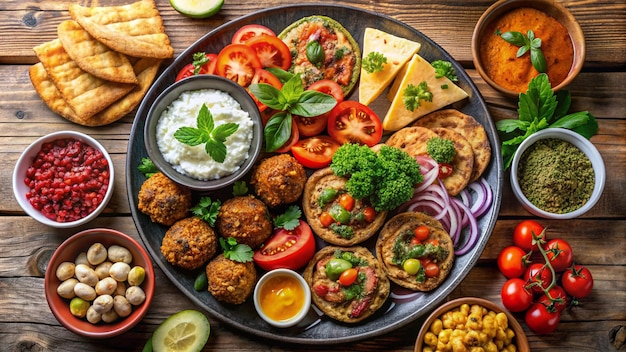 a plate of food including meatballs cheese and veggies