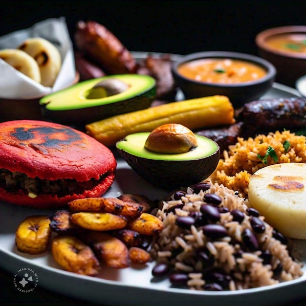 Photo a plate of food including rice beans and rice