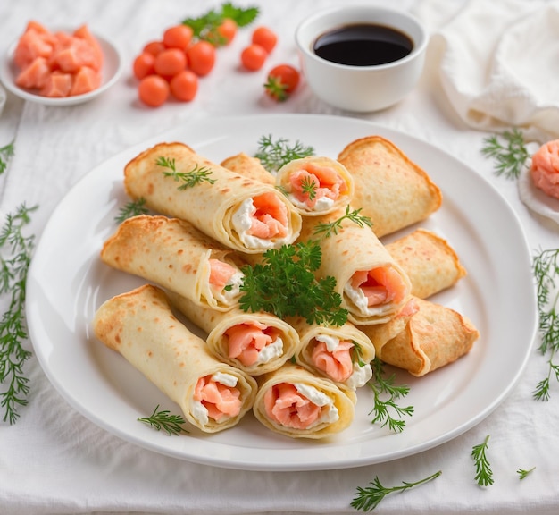 Photo a plate of food including rice and vegetables with a small container of dipping sauce