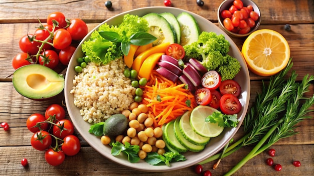 a plate of food including rice veggies and tomatoes